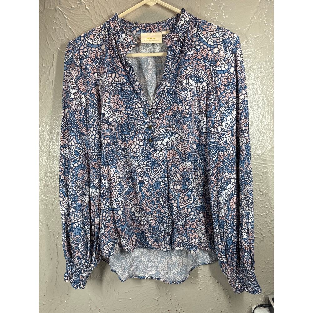 Maeve by Anthropologie Pink Blue‎ V Neck Stained Glass Patterned Blouse XS